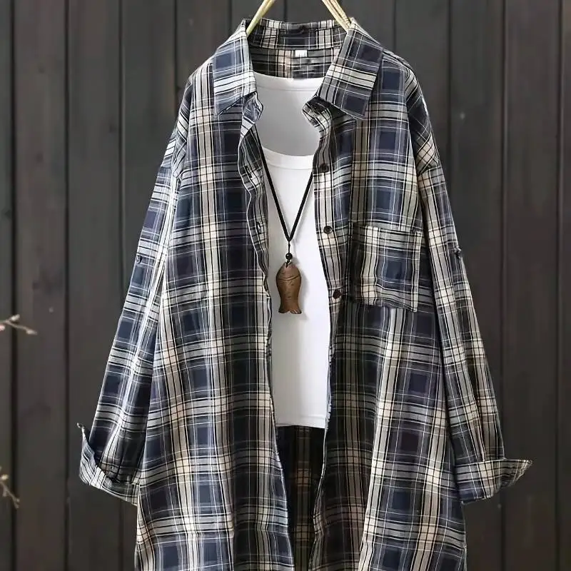 2025 New Plaid Shirt Women - Oversized Long Sleeve Button Down Shirt Dress Casual Thin Coat