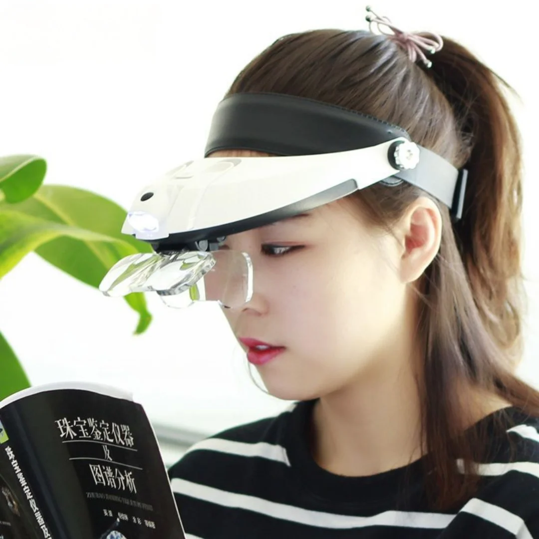 Head-mounted Magnifying Glasses Reading Tool with LED Light Jewelry Repair Loupe 1x 1.5x 2x 2.5x 3.5x Magnifier