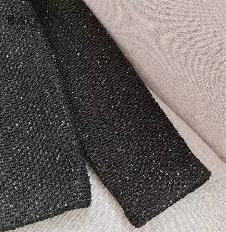 2025年春新作 長袖 丸首 クラシック ブラック ニット レディース カーディガン セーター コート ダイヤモンドとスパンコール付き