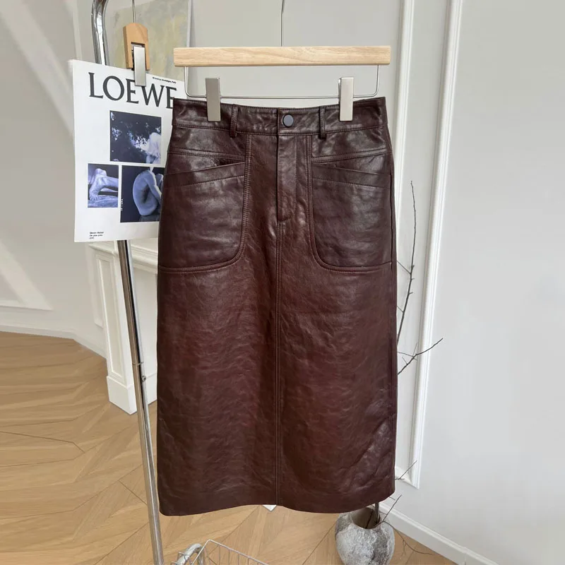2025 Fall Winter Genuine Leather Skirts Women Mid-length Retro Waxed Sheepskin Skirts High Waist Slim Slit A-line Leather Skirt