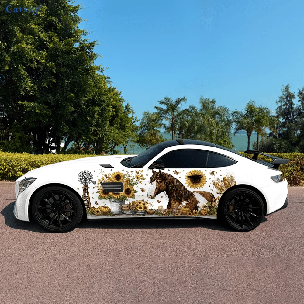 

Farm Horses Sunflower Car Vinyl Wraps Decal Self-adhesive PVC Sticker Suitable for Trucks SUV Decoration Auto Accessories Gift