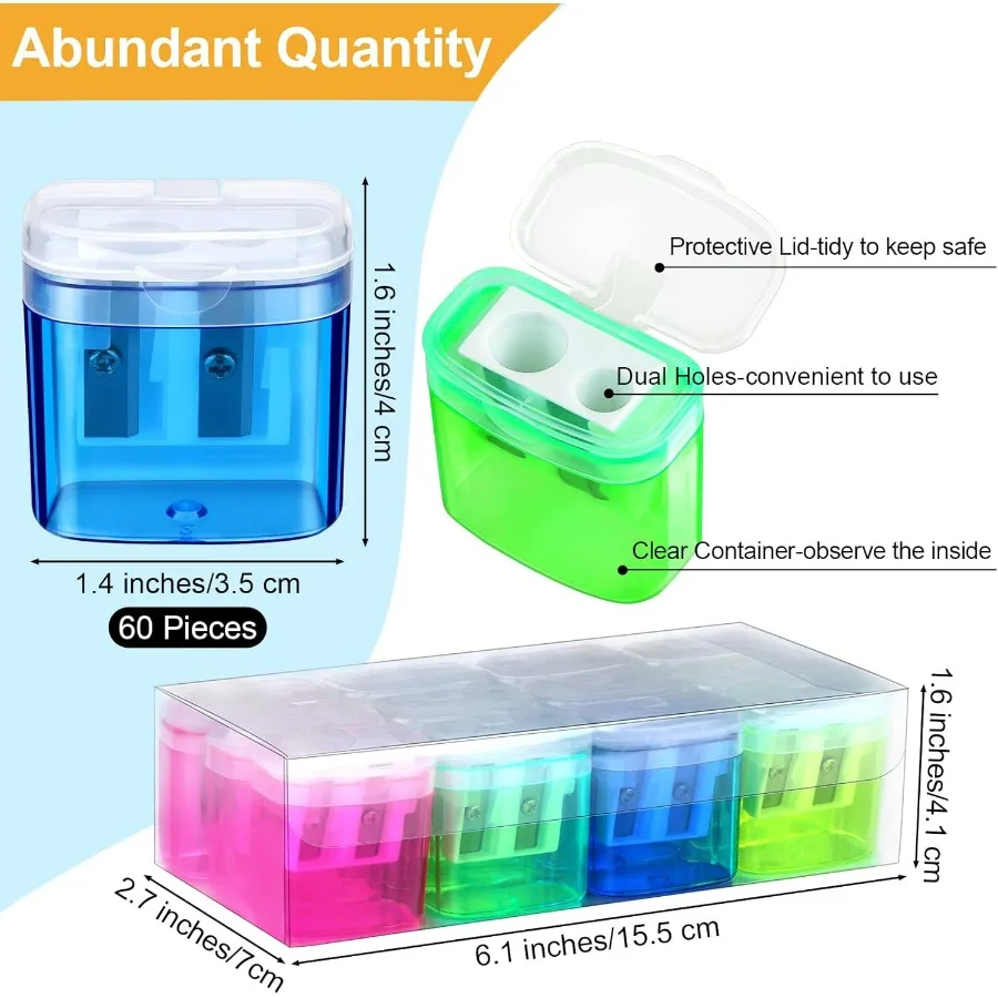 60 قطعة من مبراة أقلام الرصاص اليدوية ذات الفتحة المزدوجة لمبراة أقلام الرصاص ذات الفتحة المزدوجة مثالية للمكتب المدرسي والاستخدام المنزلي متنوعة 4 C
