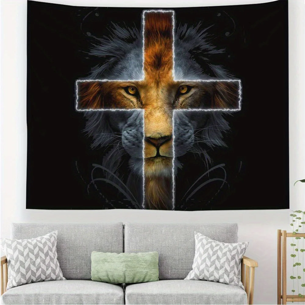 Majestic Lion Cross Tapestry: Powerful, Inspirational, and Strikingly Unique Wall Art for a Bold Decor Statement