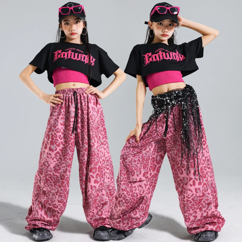 Mädchen K-pop Crop Top Hip Hop Rosa Leopard Cargo Hosen Kleidung Kinder Street Dance Mädchen Gruppe Bühne Kostüme kinder Streetwear