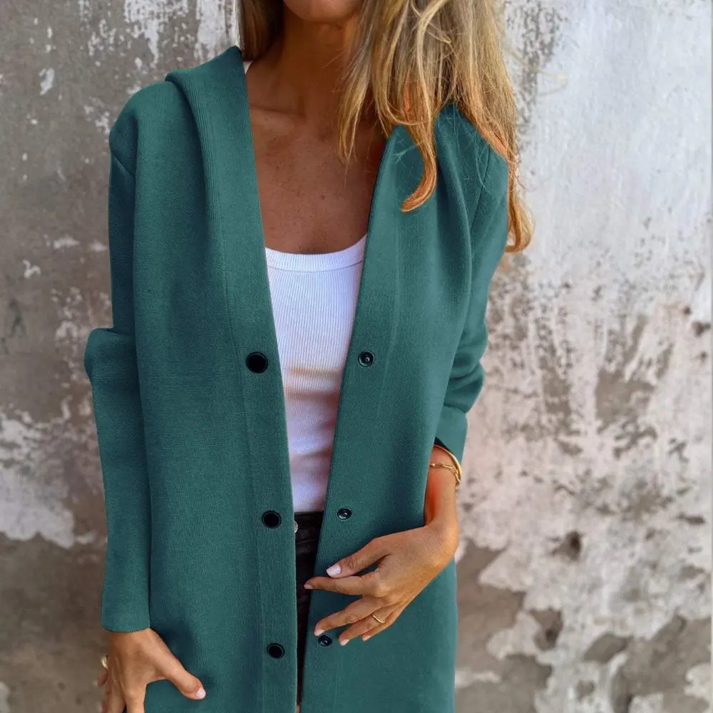 Cardigan casual com gola redonda, manga longa, tubo reto, sem decoração, malhas femininas com frente aberta