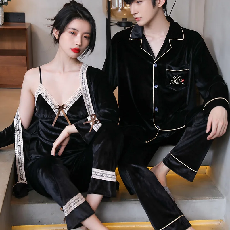 Winter Velvet Couple Pajamas Sexy Women Robe Cami Pants 3Pcs Velour Men Shirt Pants Bathrobe Sleepwear Loose Home Clothes