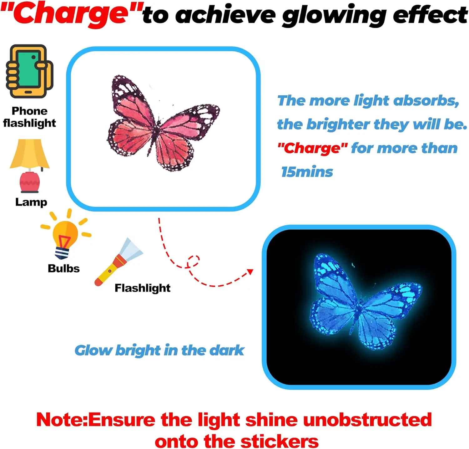 58PCS Luminous Butterfly Wall Decor Stickers Colorful Wall Art Butterfly Decor DIY Glow in The Dark Wall Decals for Kids Girls