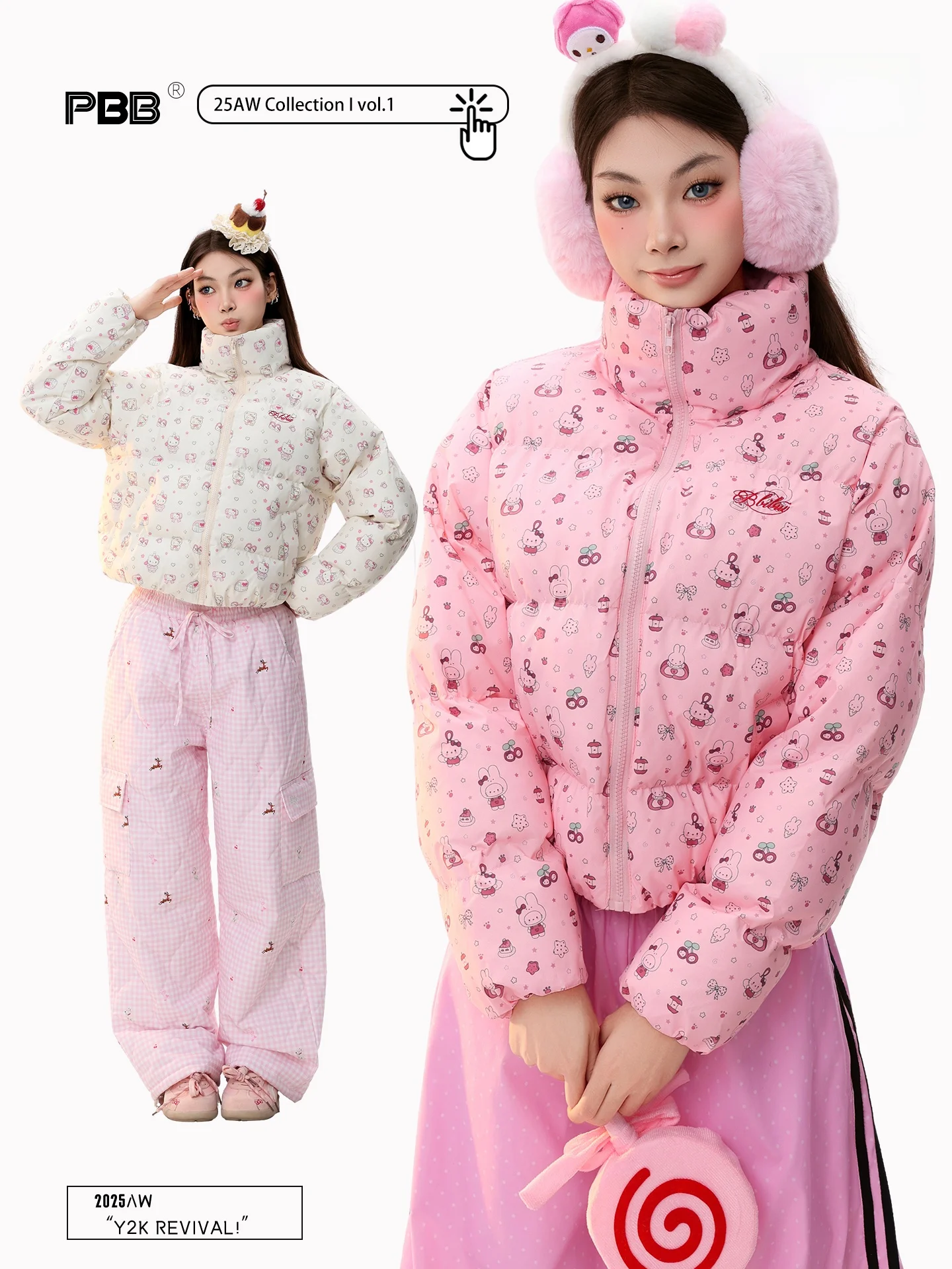 

Женская хлопковая куртка PBB Gentle Wind с мультяшным принтом кролика, воротником-стойкой, в американском стиле, теплая, с эффектом утяжки, из хлопка C...