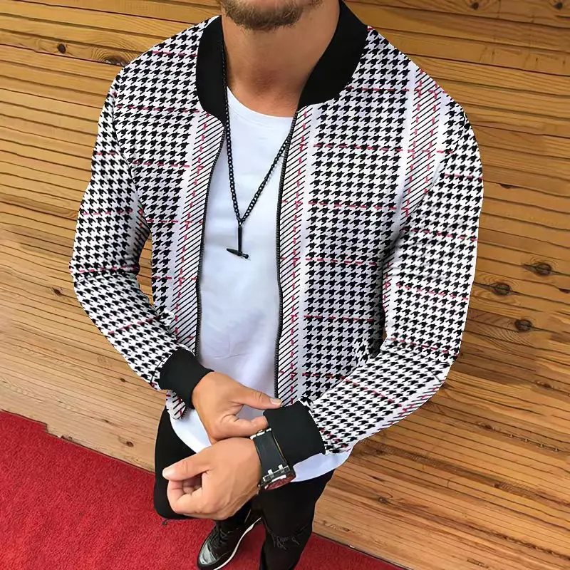 2023 New Shirt Collar Men\'s Plaid dot Printed Jacket; Men\'s Casual Jacket Jacket S-3XL