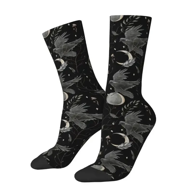 Cool Printing Crow Moon Socks para homens e mulheres, Stretchy, Halloween, Spooky, Witch, Crazy, Crew, Verão, Outono, Inverno