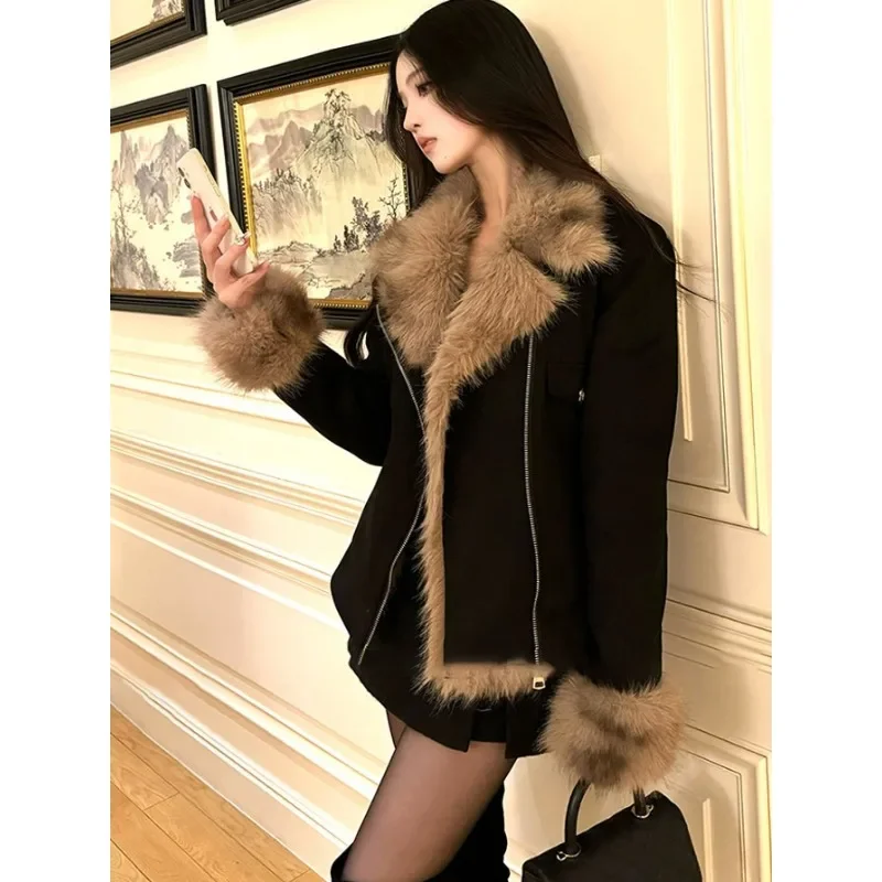 French British Style Environmentally Friendly Fur Brown Fur Collar Jacket Elegant Lady Long Sleeved Zipper Slim Fit Coats Female