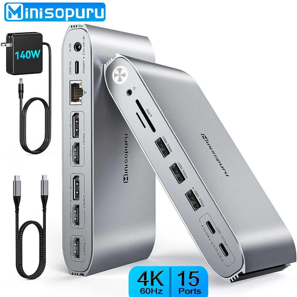 Minisopuru DisplayLink Docking Station Triple Monitor with 140W Power Adapter for MacBook Windows Thunderbolt 3/4 USB C Dock