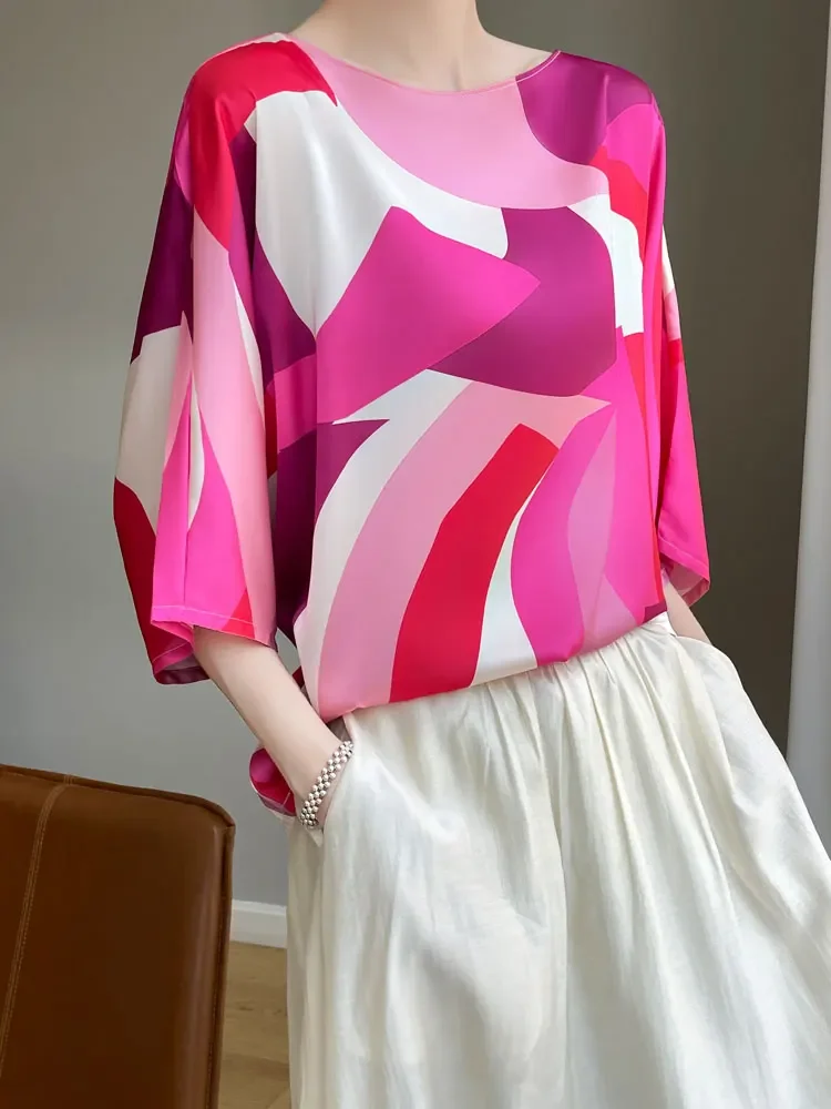 

Summer Artificial Silk Satin Blouse Tee Women Slash Neck Thin Smooth T-shirt Silky Drop Shoulder Half Sleeve Loose Shirt Tops