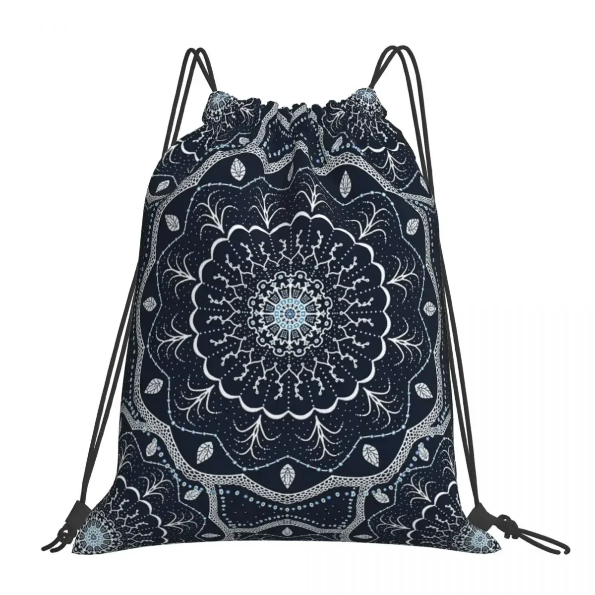 Black White Blue Mandala Backpacks Casual Portable Drawstring Bags Drawstring Bundle Pocket Sports Bag BookBag For Travel School