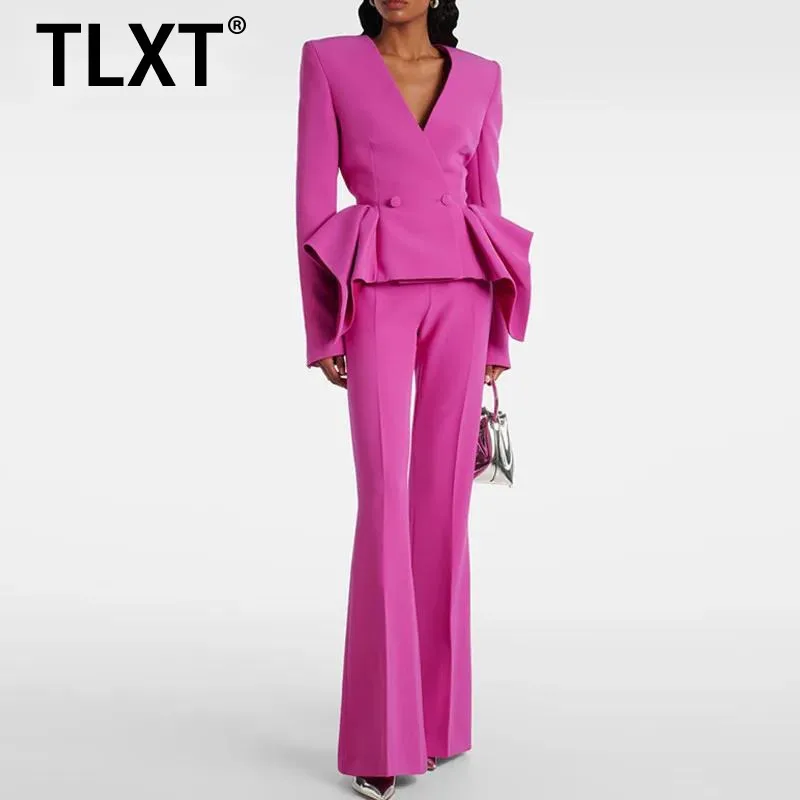 

TLXT Fashion Women's Elegant Design 2 Piece Set V Neck Ruffles Spliced Short Blazer High Wait Flared Pants Slim Sets 2026 New