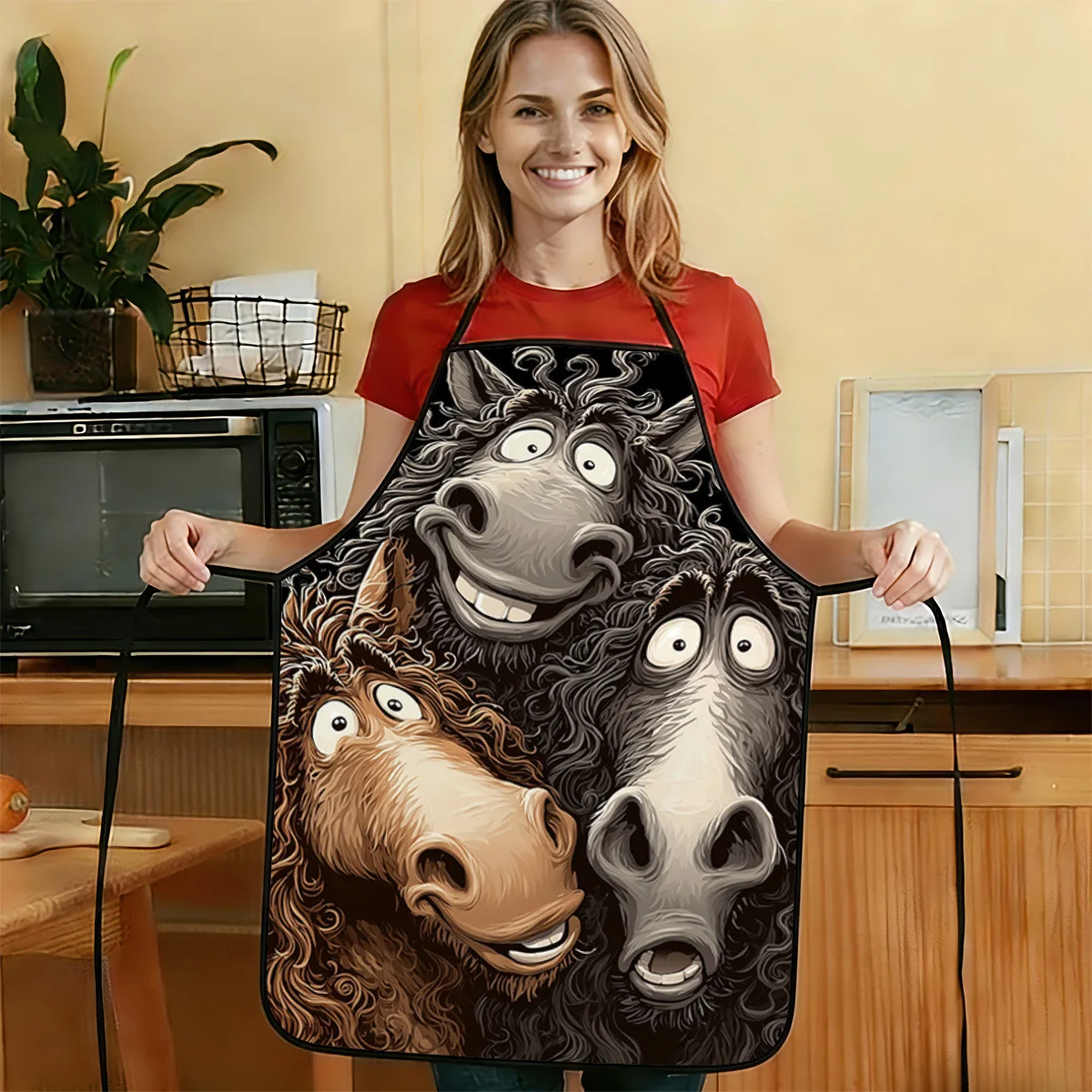 1pc 2D Flat Portrait Of 3 Humorous Horses Apron Printed Pattern Durable And Easy To Clean Adjustable Waist 50x75cm 68x95cm