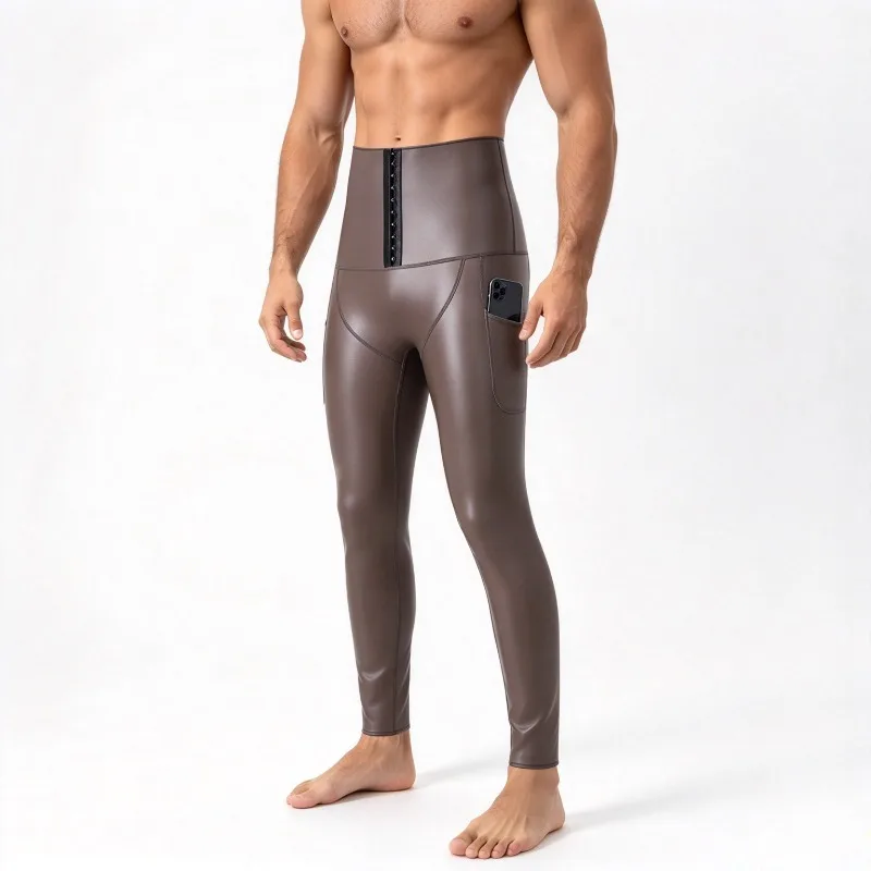 Men Leather Shaping Leggings With Side Pocket Hook Front High Waist Compression Waist Trainer Pants