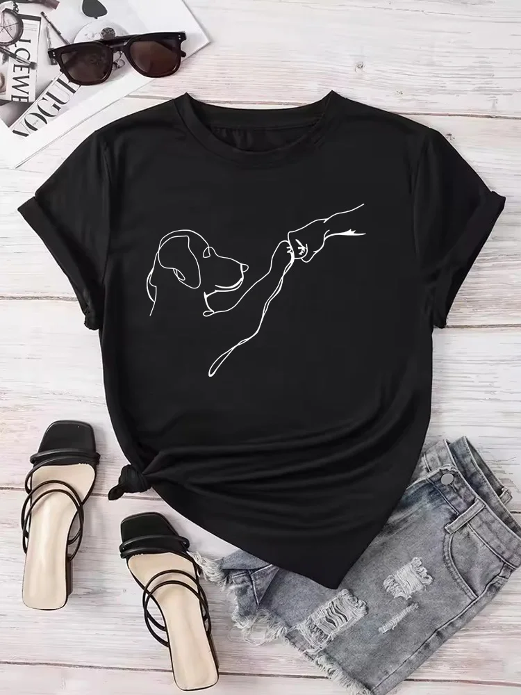 Women Tshirt Dog and People Punch Hand Graphic Printed  Short Sleeve Crew Neck Casual Top for Summer Women's Clothes