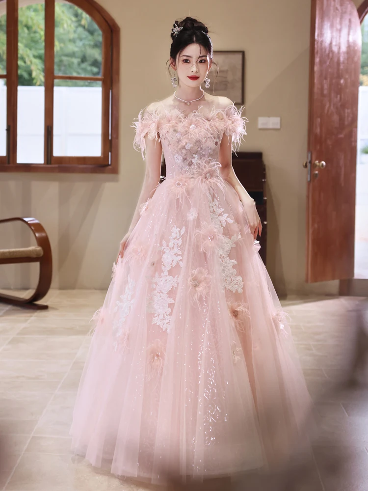 

Розовое вечернее платье Ele Pink Fairy T для женщин: роскошное, для свадеб и торжеств, с цветочным узором, ручной работы, с декоративной отделкой, пышная юбка в стиле принцессы