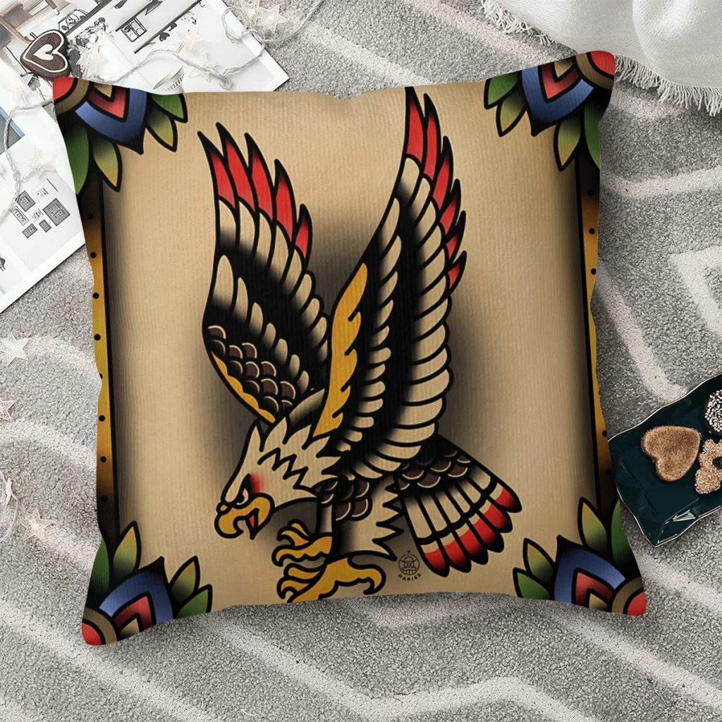 Traditional Tattoo Eagle  Polyester Cushion Cover For Home Office Decorative Breathable