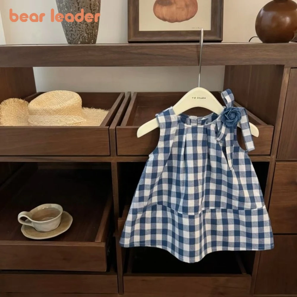 

Bear Leader 1-5 Years Summer New Girls Casual Dresses Korean Version Fashion Round Neck Sleeveless 3D Flower Grid Princess Dress