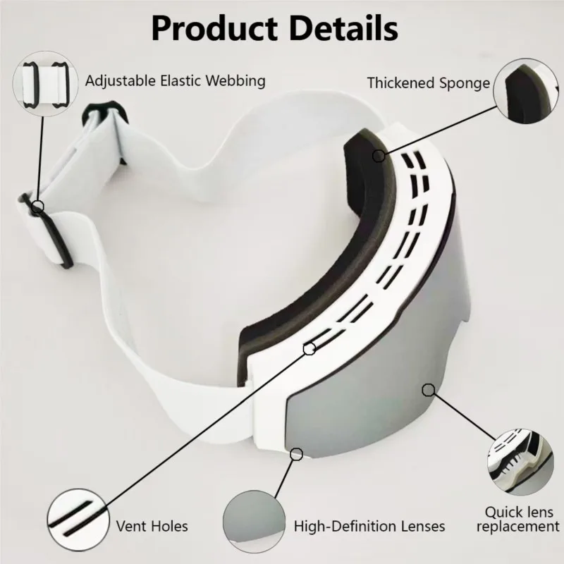 Lightweight Shockproof Ski Goggles, Long-lasting Anti-fog, Wind Dust Barrier, Anti-UV Lens, Flexible Frame, for Snow Adventure