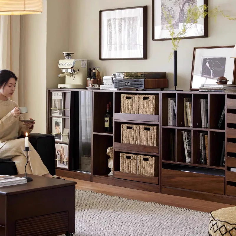 Combinação de estante integrada de madeira maciça, porta deslizante de parede para sala de estar, armário de chão, porta de vidro, cabine de exibição de armazenamento