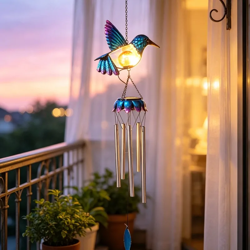 Creative Resin Solar Hummingbird Wind Chime Pendant Outdoor Courtyard Balcony Wrought Iron Animal Pendant Garden Decoration
