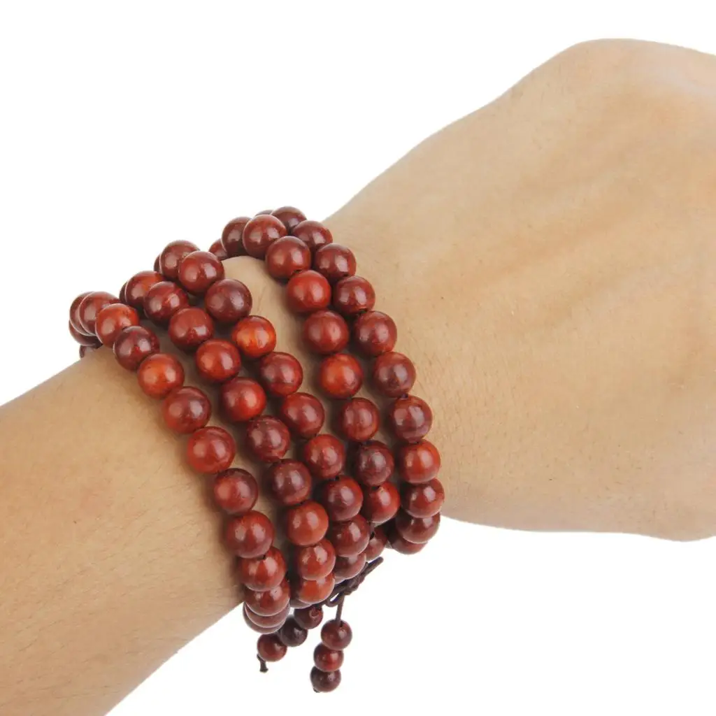 108 Red Sandalwood Mala Bracelet Cat’s Eye Wooden Beads Wrist Jewelry for Mindfulness Yoga Meditation