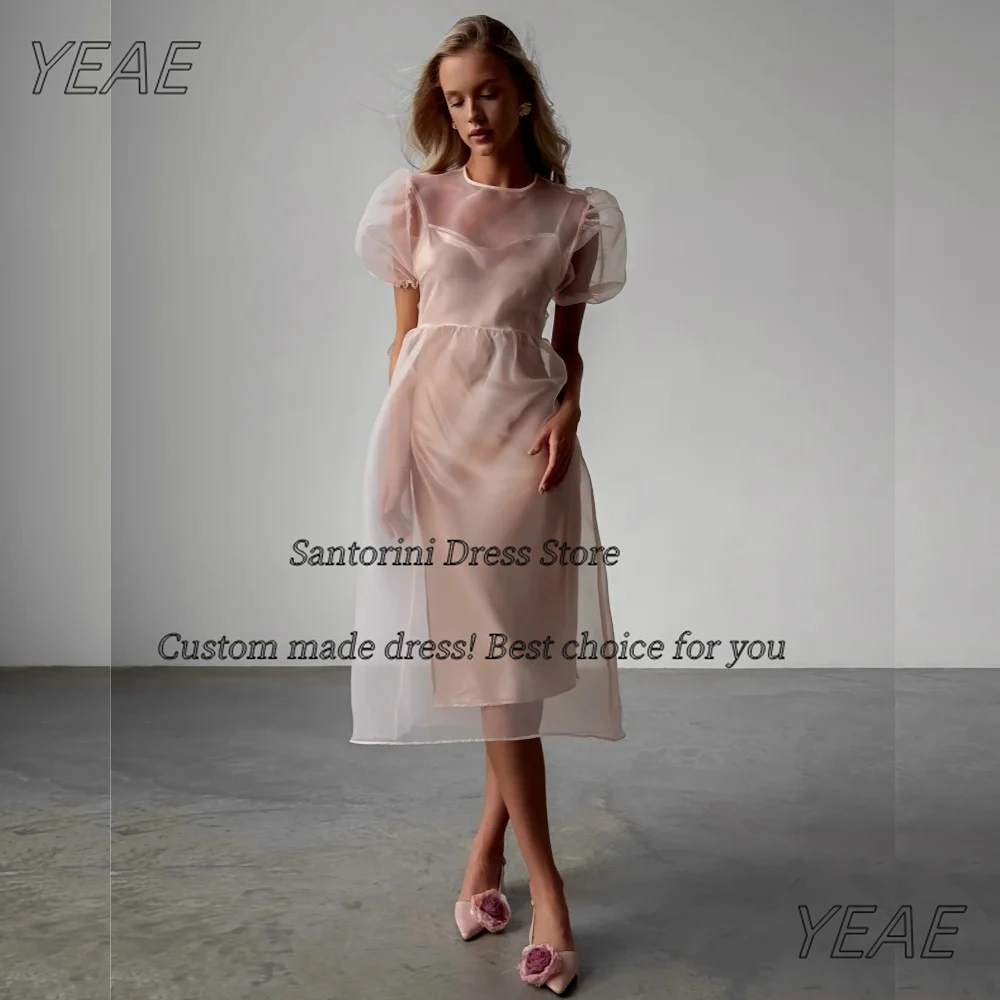 

Santorini O-Neck Prom Dresses Short Sleeves Sexy Backless Special Party Girls Wear Tea Length Cocktail Evening Dress Customized