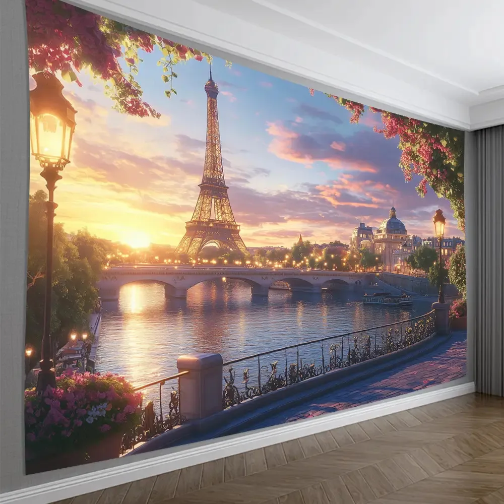 2D Flat, Paris Eiffel Tower Wall Tapestry - Large French-Themed Romantic Parisian Night Scene with Iconic Landmark, Seine River
