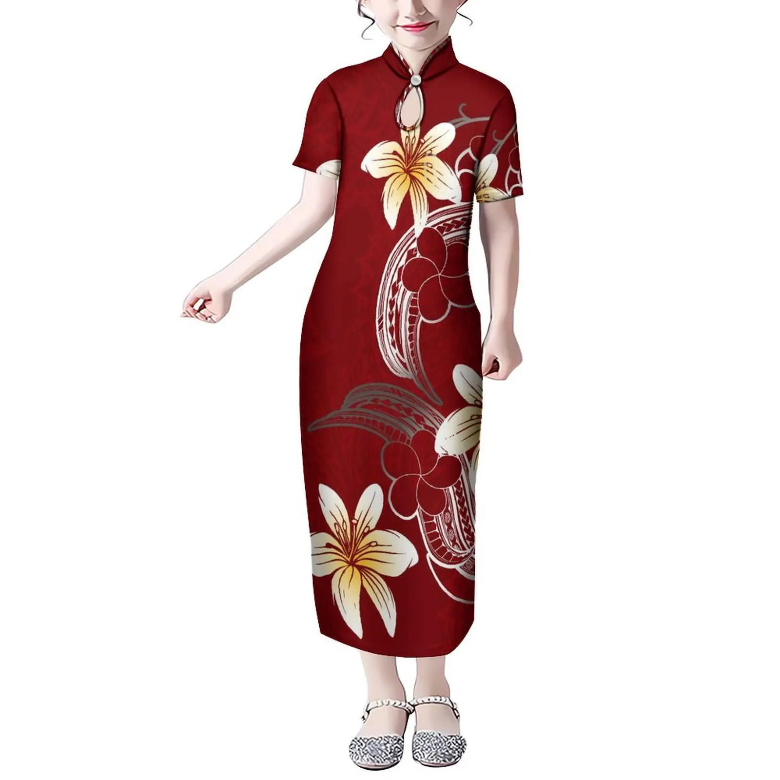 

Summer Short Sleeve Stand Collar Cutout Design Girls Dress Polynesian Children'S Dress Custom Floral Patterned Print