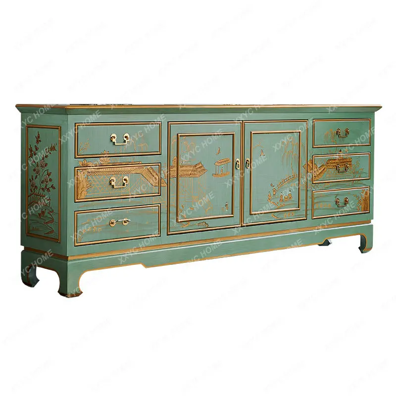 

Retro Green Living Room Solid Wood TV Cabinet Light Luxury Style Palace Luxury Painted Hallway Cabinet Villa Sideboard Cabinet