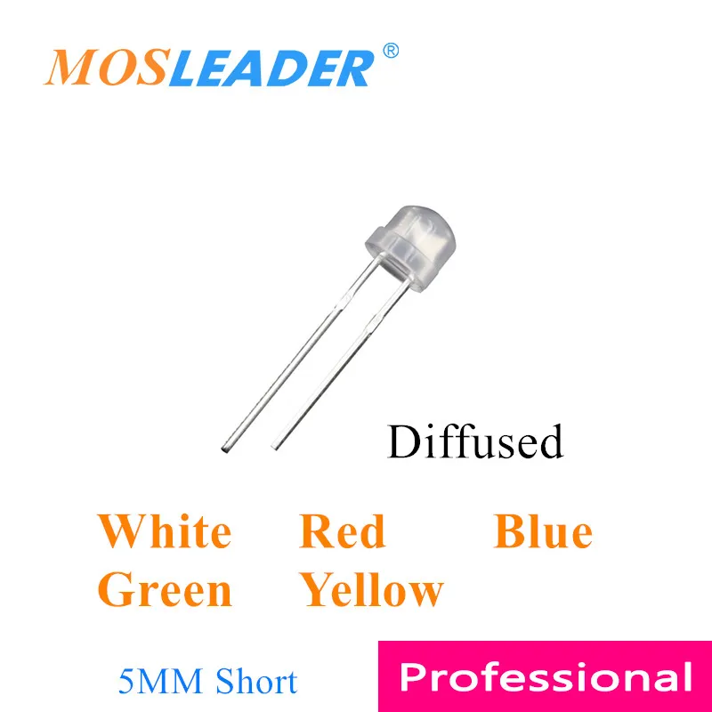 Mosleader 1000PCS 5mm Diffused straw hat led diode White Red Blue Green Yellow 4.8mm F5 Short pins Diffused leds Foggy leds