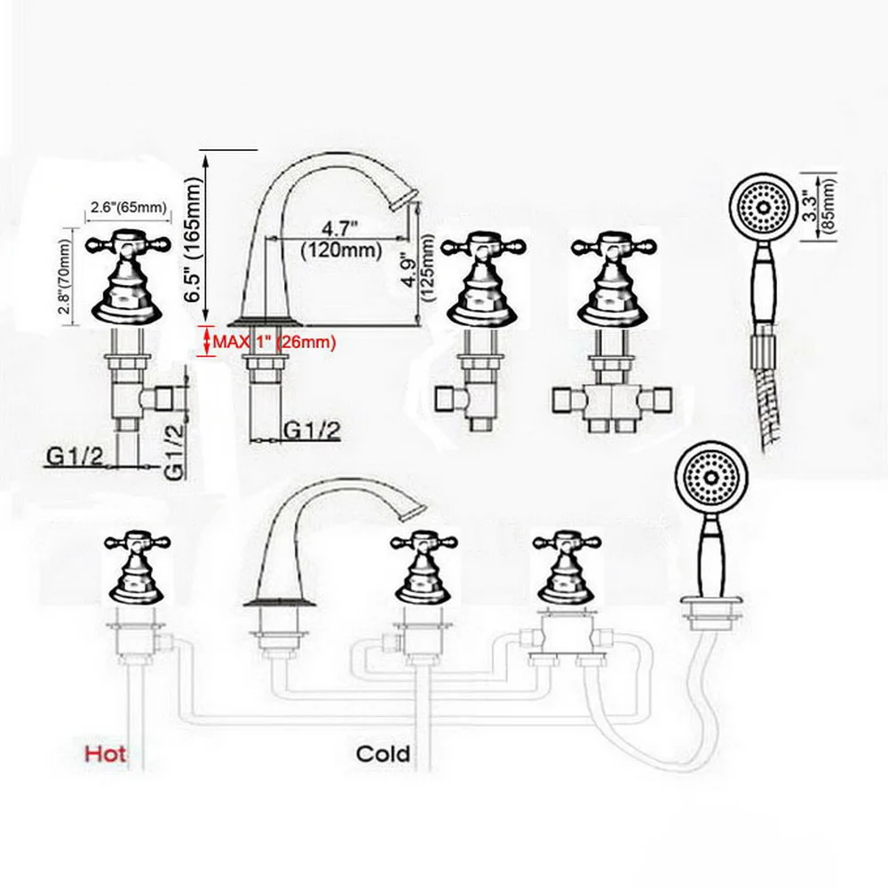 Widespread Antique Red Copper Bathtub Mixer Filler Roman Bath tub Sink Faucet Deck Mounted 5 holes Ntf238