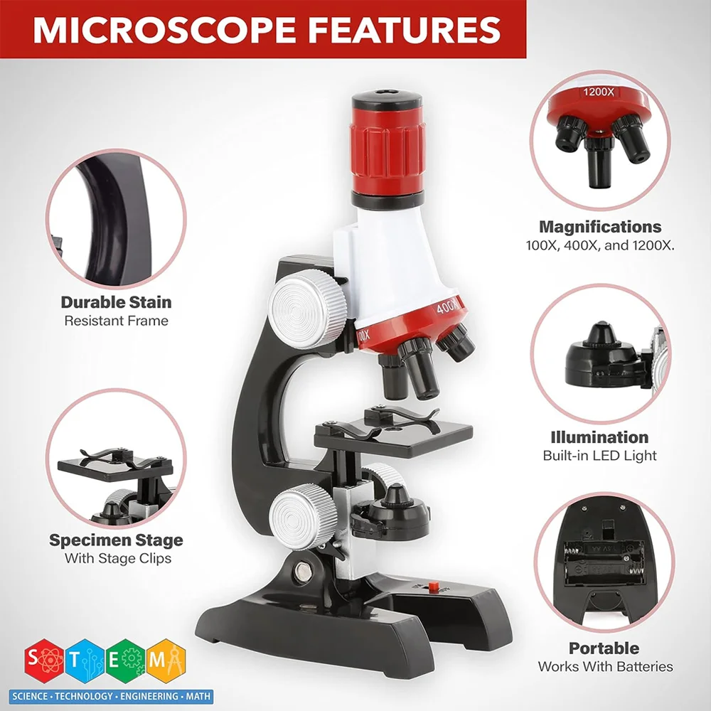 Microscope Kit Lab LED 100/400/1200X Home School Educational Toy Gift Refined Biological Microscope For Kid Child