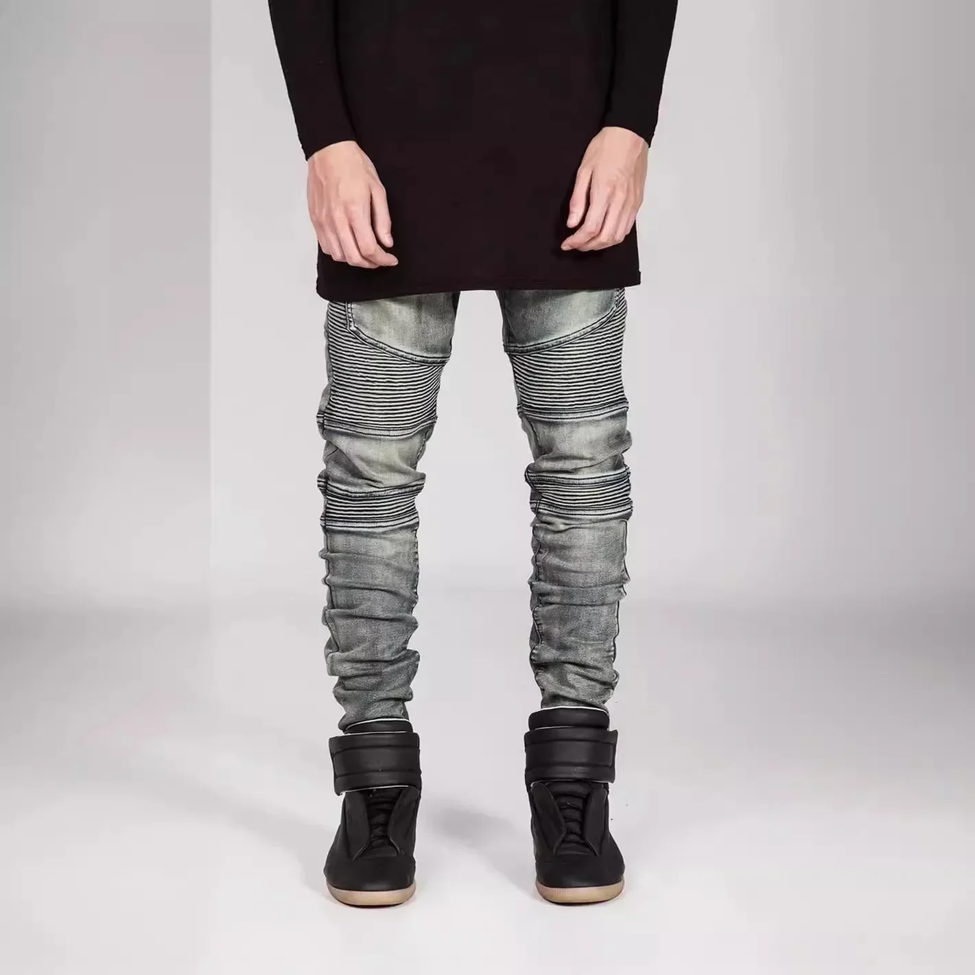 European and American Personalized Youth Jeans for Men, Men's Trendy Brand Motorcycle Pants Wrinkled Slim-fit Ankle-length Jeans