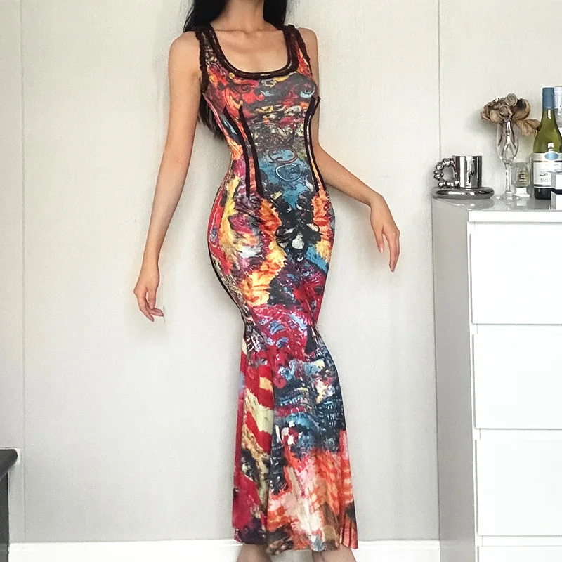 European-style spring new y2k Millennium Spice Girl retro graffiti print U neck high waist halter dress female