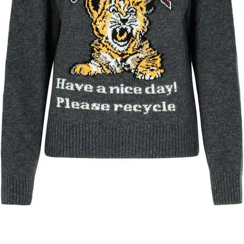 

DARK GREY GRAPHIC TIGER PULLOVER long sleeve wool sweater women new autumn winter jumper female