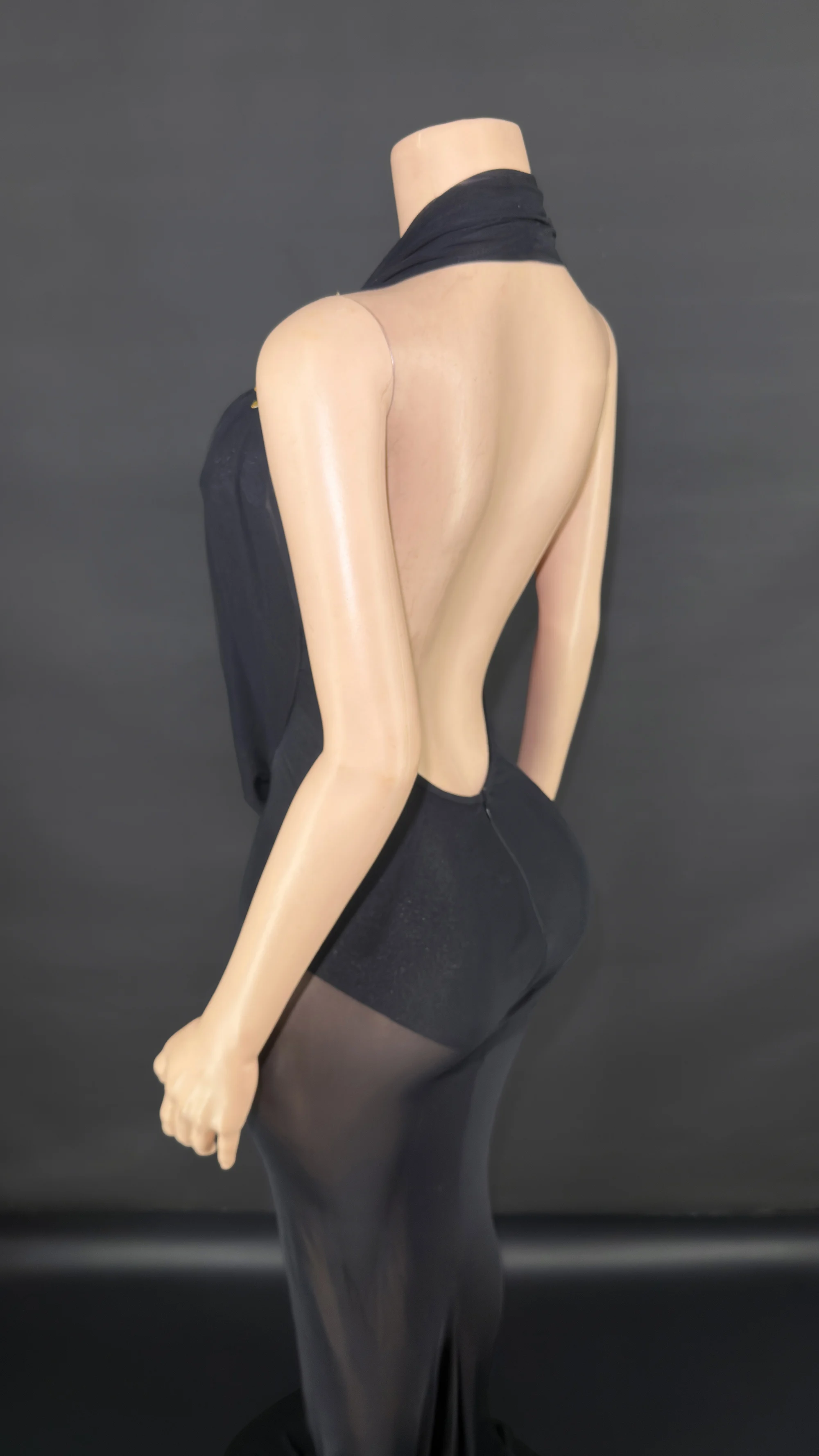 ZD Glamorous Black Sheer Long Evening Dress – Sexy Deep V Halter Mermaid Gown with Gold Appliqué Details, Elegant Transparent