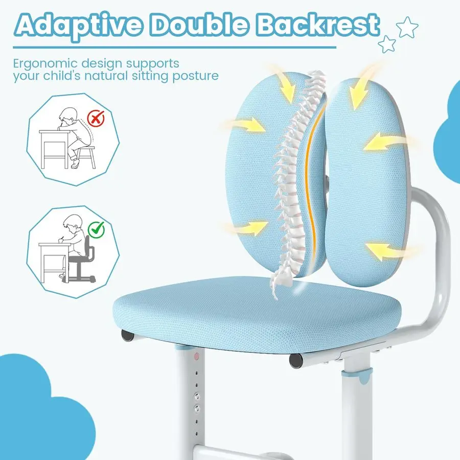 Kids Desk Chair, Ergonomic Student Study Chair with Adaptive Double Backrest, Adjustable Seat Height amp Armless Design, Childre