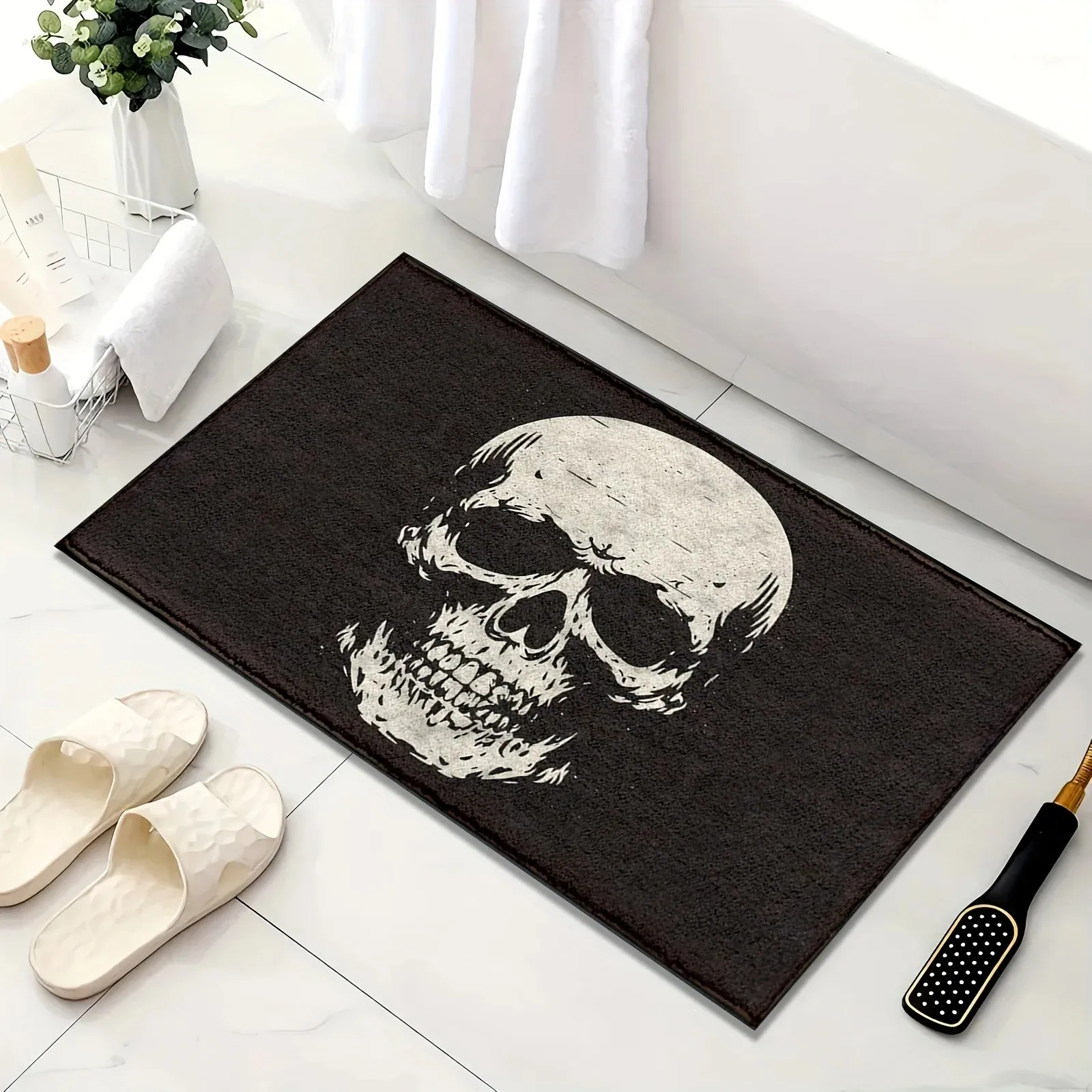 VIKAMA Vintage Distressed Skull Bath Mat Gothic Horror Non Slip Water Absorbent Shower Indoor Entrance Floor Rug