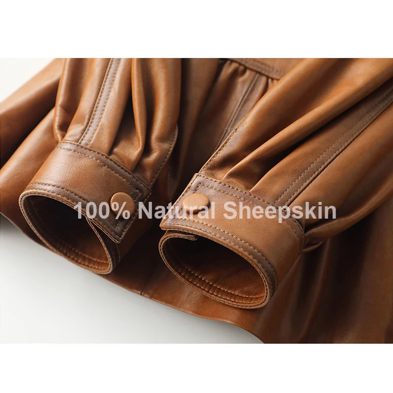 100% Real Sheepskin Women Vintage Brown Leather Jackets Fashion Lapel Collar Belt Ladies Casual First Layer Leather Jackets Tops