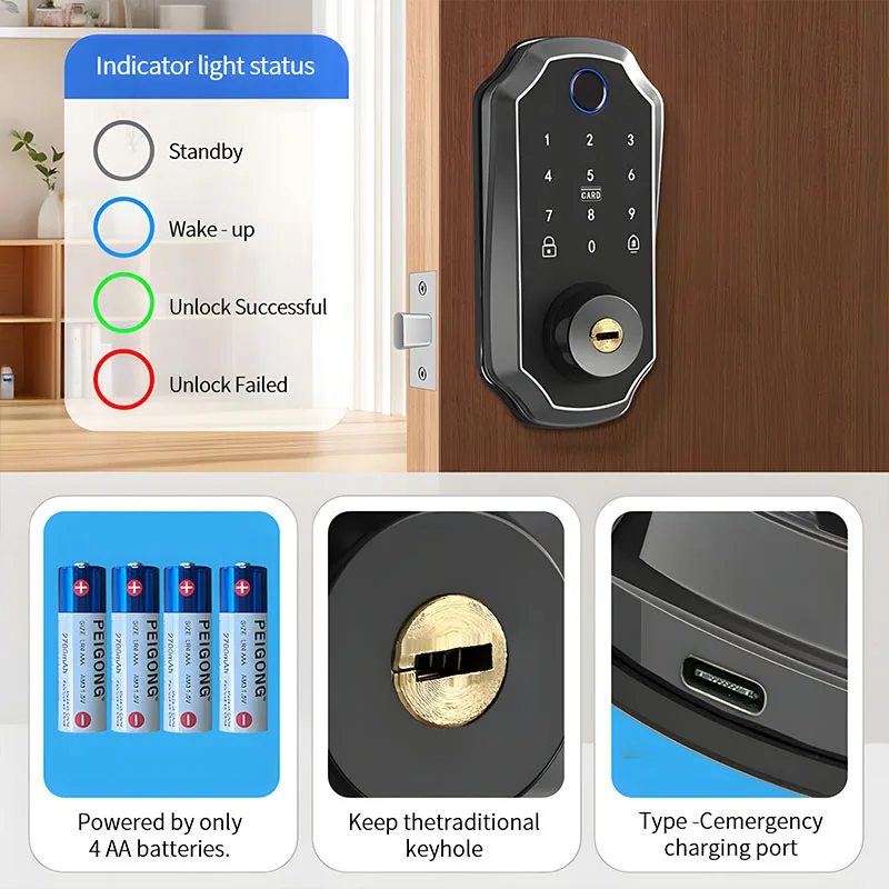 Smart Door Lock with Tuya APP / Biometric Fingerprint / Password /Smart Card /Key Unlock/ USB Emergency Charger Electronic Lock