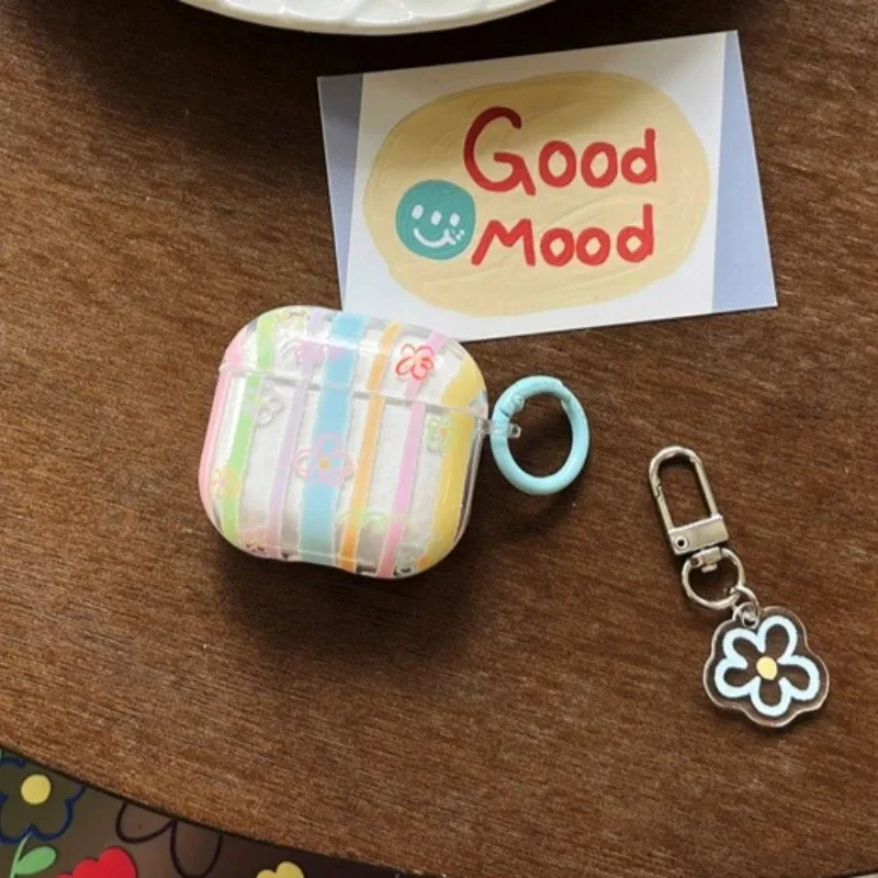 Colorful Strips Transparent Case For Airpods 4 3 2 1 Airpods Pro 2 Wireless Bluetooth Anti-fall Cover Shell with Flowers Pendant
