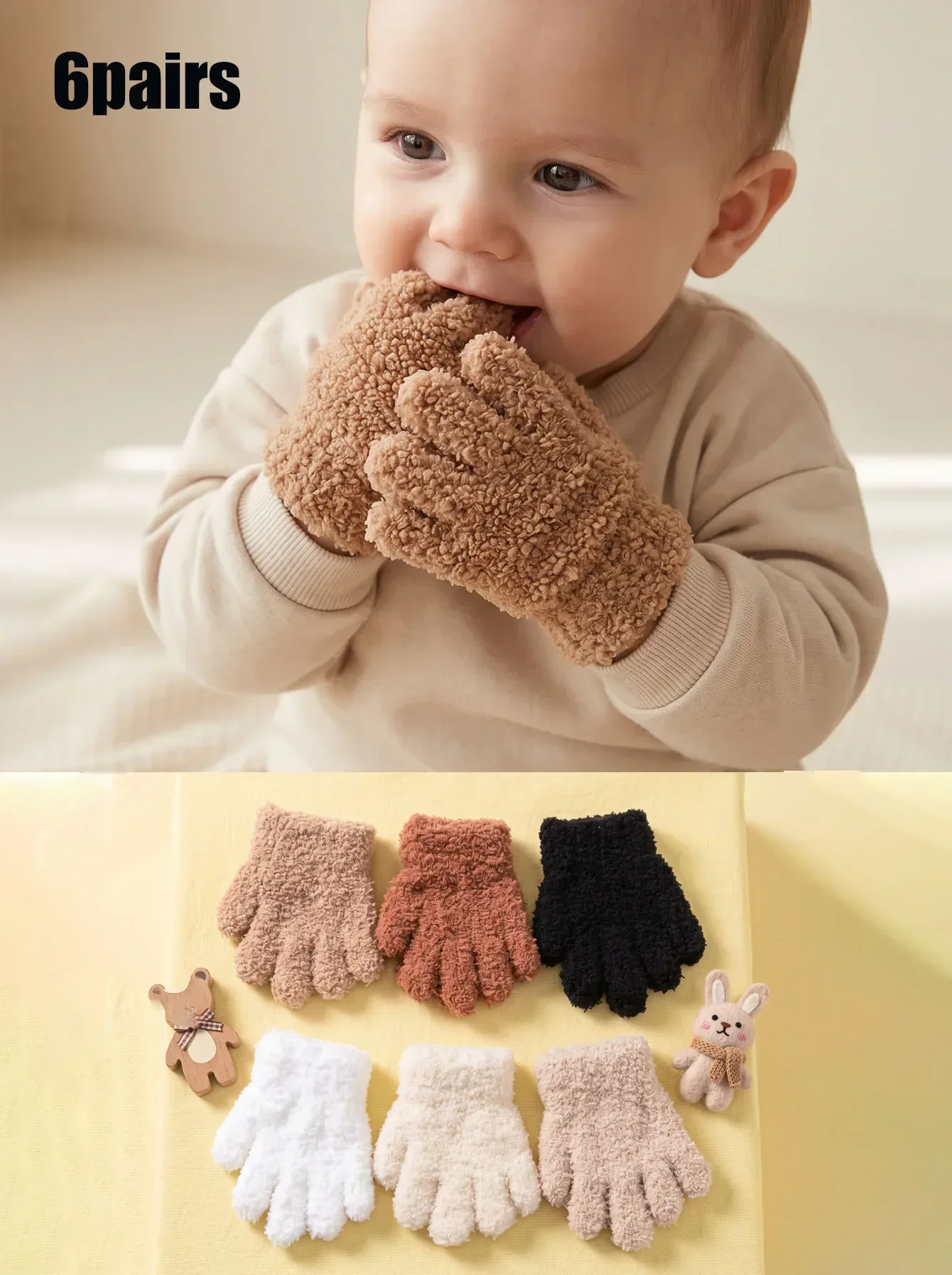 6Pairs Girls Plush Knitted Full Finger Gloves, Solid Candy Color Half Fleece Toddler Gloves, Thick Soft Kids Winter Hand Mitts