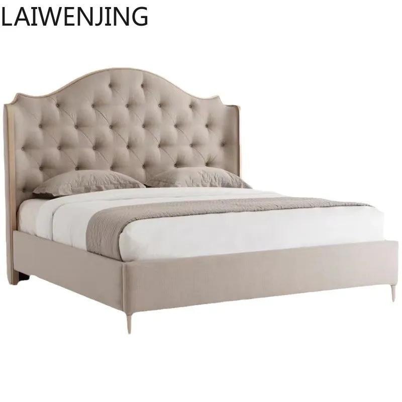 HLZ light luxury master bedroom solid wood double bed cotton and linen fabric pull button champagne gold solid wood bed