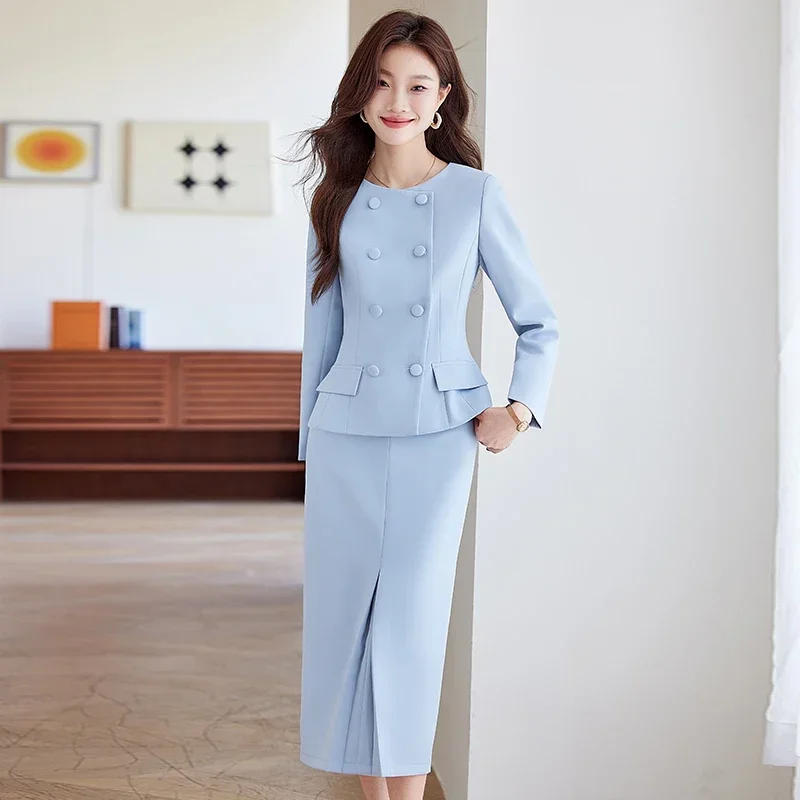 Elegant Suit and Skirt Set: Women\'s 2024 Autumn New Fashion Korean-style Sweet Round Neck Coat Trend Female Lady Two-piece Set