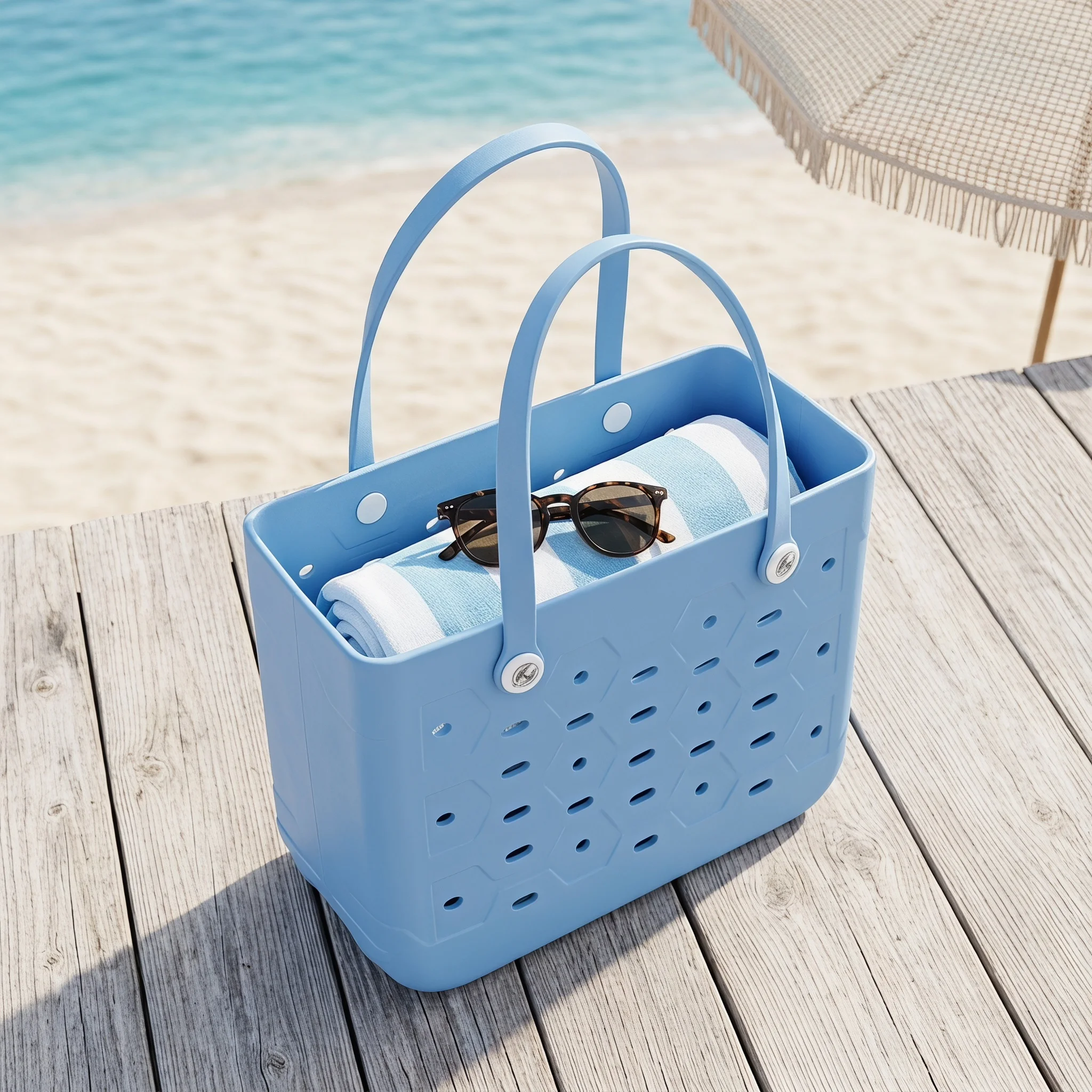 Large Waterproof EVA Punched Beach Tote Bag for Women Casual Travel Handbag with 5Pcs Random Cute Charms Beach Swimming Outdoor