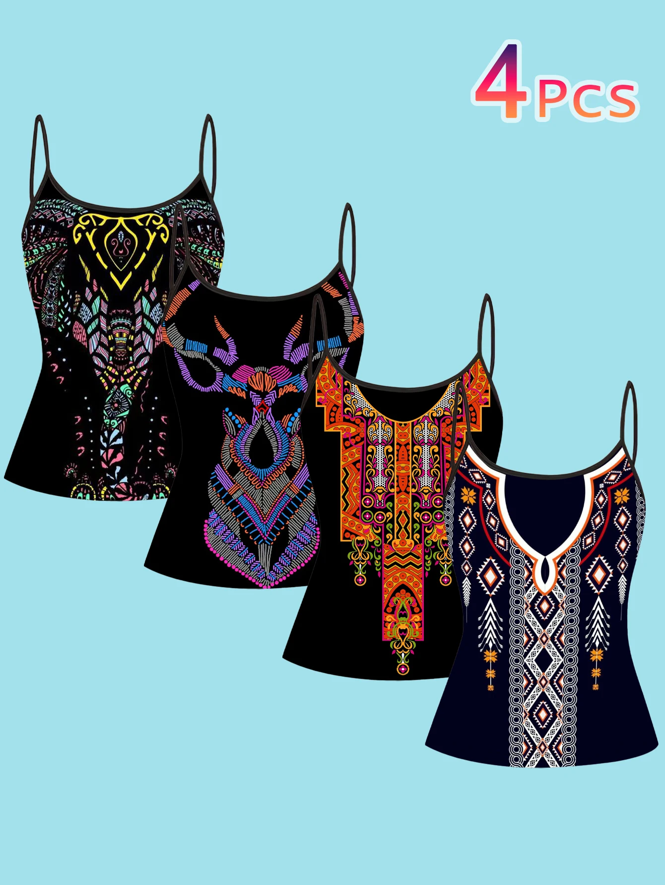 4-Piece Set of Women's Spaghetti Strap Camisoles with Exotic Ethnic Style Totem Geometric Deer Head Art Print, Slim Fit Sleeveless Tops